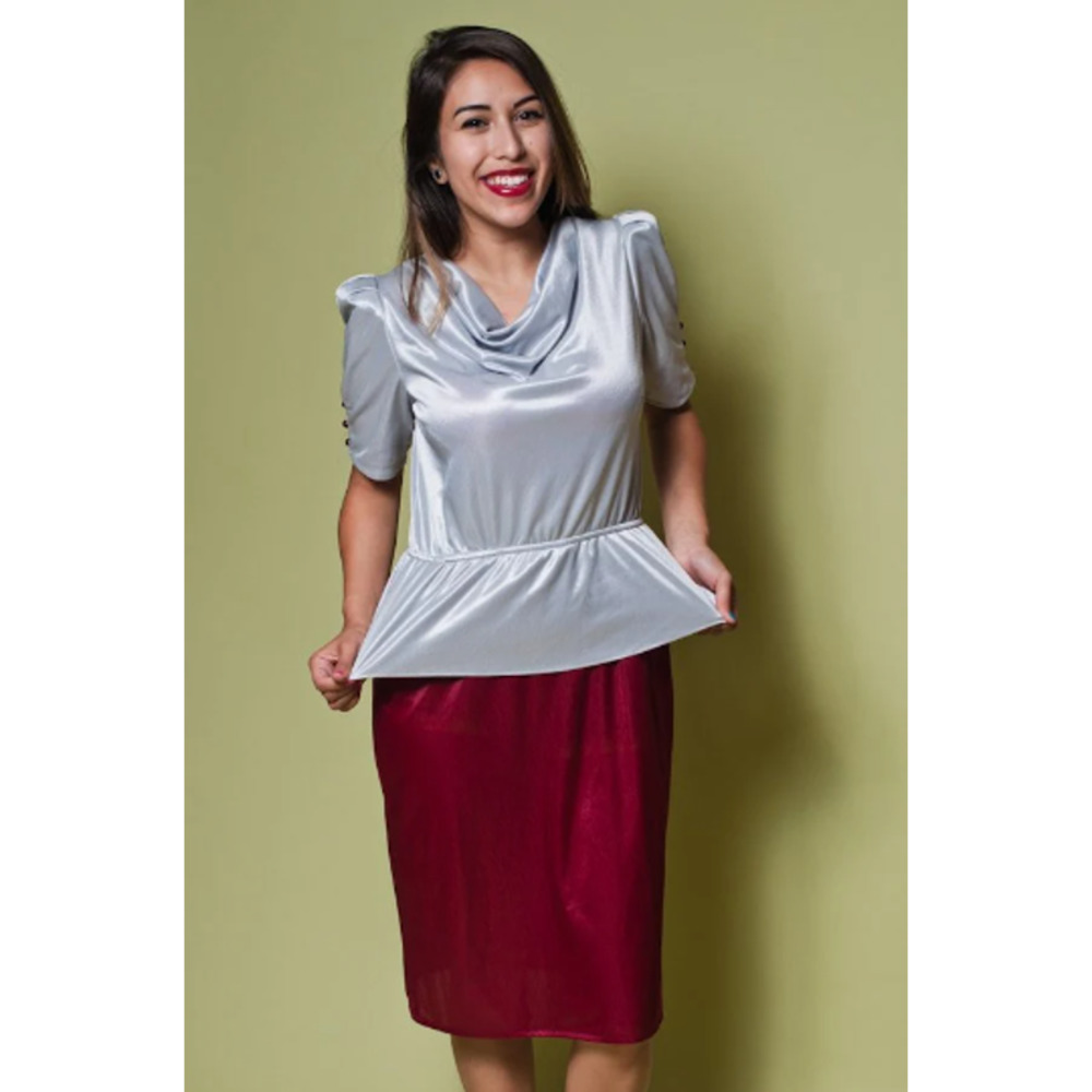 SALE! Vintage 70's Metallic Gray & Burgundy PEPLUM DRESS / Two Tone Dress